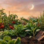 Main gantée plantant dans un potager luxuriant (tomates, salades, lavande) sous un ciel de coucher de soleil avec la lune croissante.
