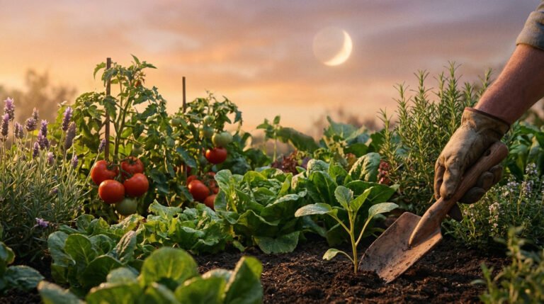 Main gantée plantant dans un potager luxuriant (tomates, salades, lavande) sous un ciel de coucher de soleil avec la lune croissante.