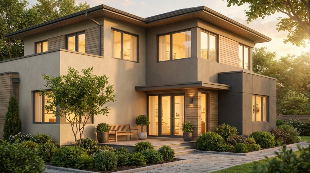 Vue extérieure d'une maison moderne à deux étages avec façades claires et sombres, grandes fenêtres, et jardin paysager au lever/coucher du soleil.