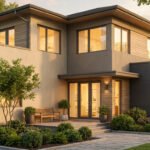 Vue extérieure d'une maison moderne à deux étages avec façades claires et sombres, grandes fenêtres, et jardin paysager au lever/coucher du soleil.