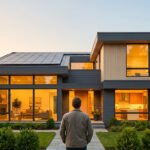 Un homme fait face à une maison moderne avec des panneaux solaires sur le toit au coucher du soleil. Les lumières intérieures sont allumées.