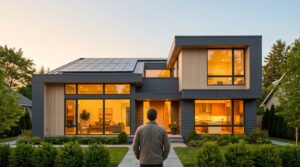 Un homme fait face à une maison moderne avec des panneaux solaires sur le toit au coucher du soleil. Les lumières intérieures sont allumées.