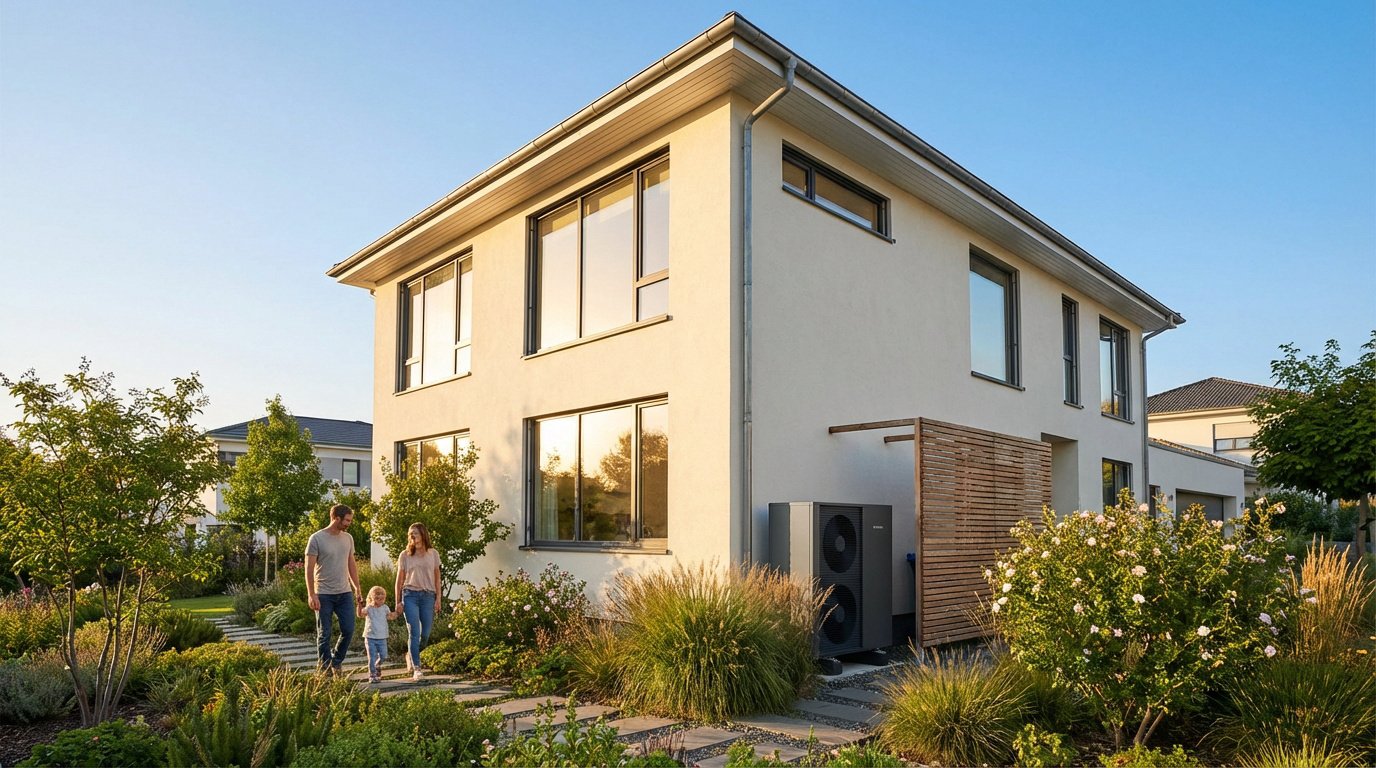 Famille marchant dans le jardin d'une maison moderne équipée d'une pompe à chaleur, sous un ciel bleu ensoleillé.