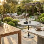 Plusieurs tables de jardin en bois, métal et pierre dans un jardin luxuriant avec un coin salon et brasero.