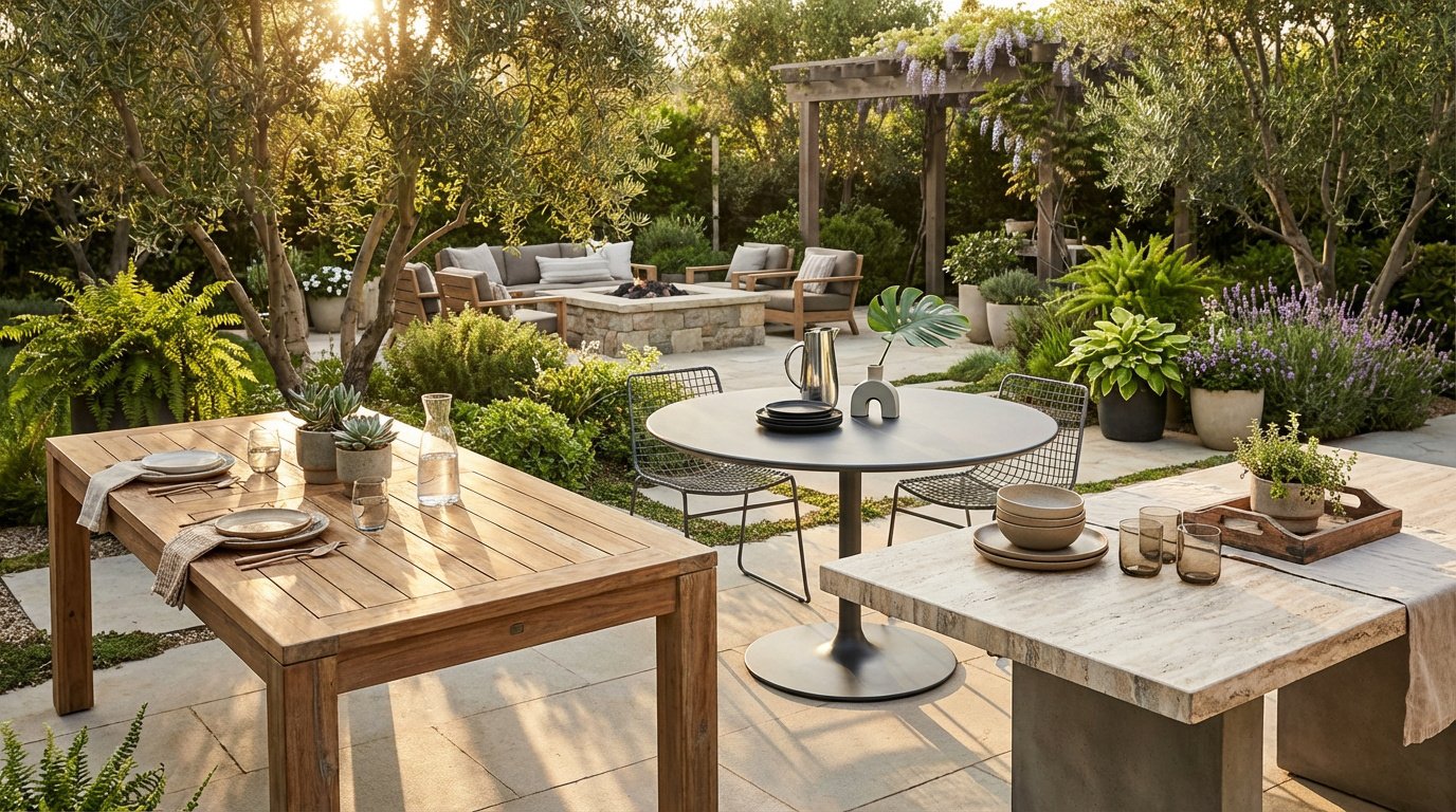 Plusieurs tables de jardin en bois, métal et pierre dans un jardin luxuriant avec un coin salon et brasero.