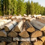 Grande pile de bûches de bois de chauffage, incluant du bouleau, empilées devant une forêt verte sous un ciel clair.