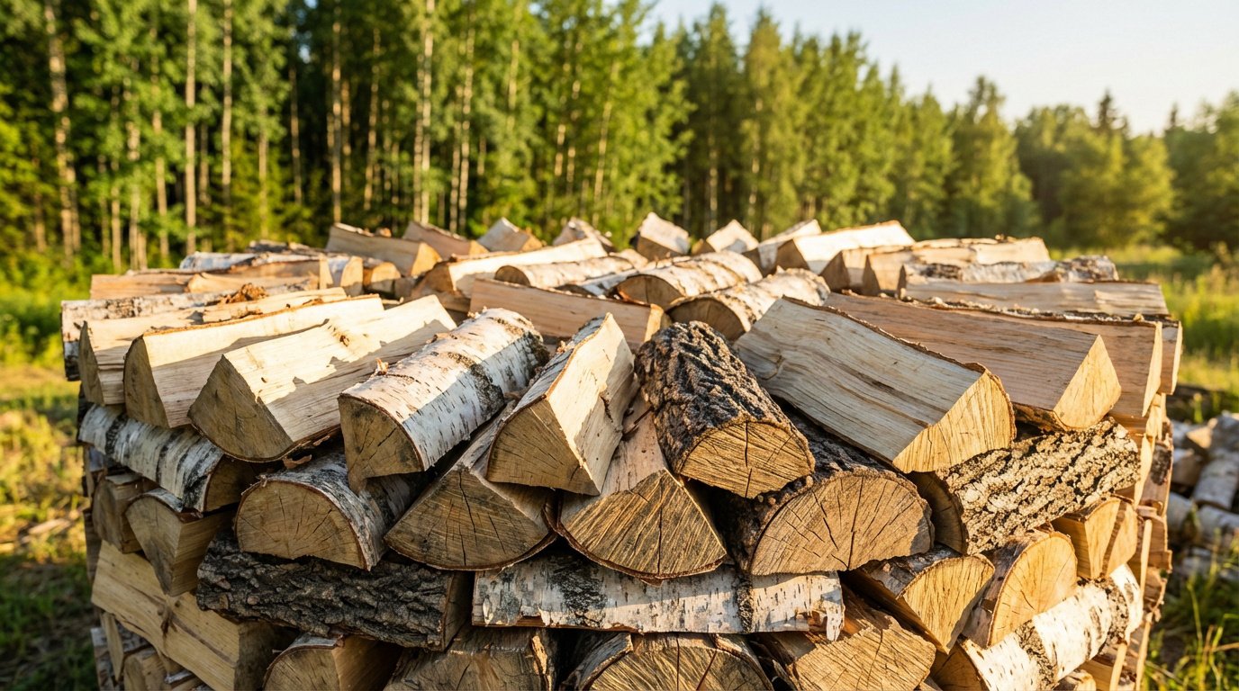 Grande pile de bûches de bois de chauffage, incluant du bouleau, empilées devant une forêt verte sous un ciel clair.