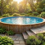 Piscine hors sol ronde en bois avec liner bleu, entourée d'un jardin verdoyant, d'une terrasse en bois et de chaises longues sous le soleil.