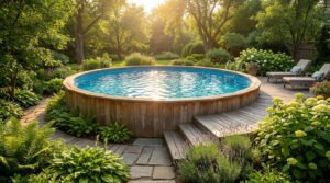 Piscine hors sol ronde en bois avec liner bleu, entourée d'un jardin verdoyant, d'une terrasse en bois et de chaises longues sous le soleil.