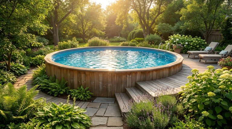 Piscine hors sol ronde en bois avec liner bleu, entourée d'un jardin verdoyant, d'une terrasse en bois et de chaises longues sous le soleil.