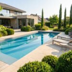 Piscine rectangulaire moderne avec margelles en pierre et plage en bois, entourée d'un jardin luxuriant devant une maison.