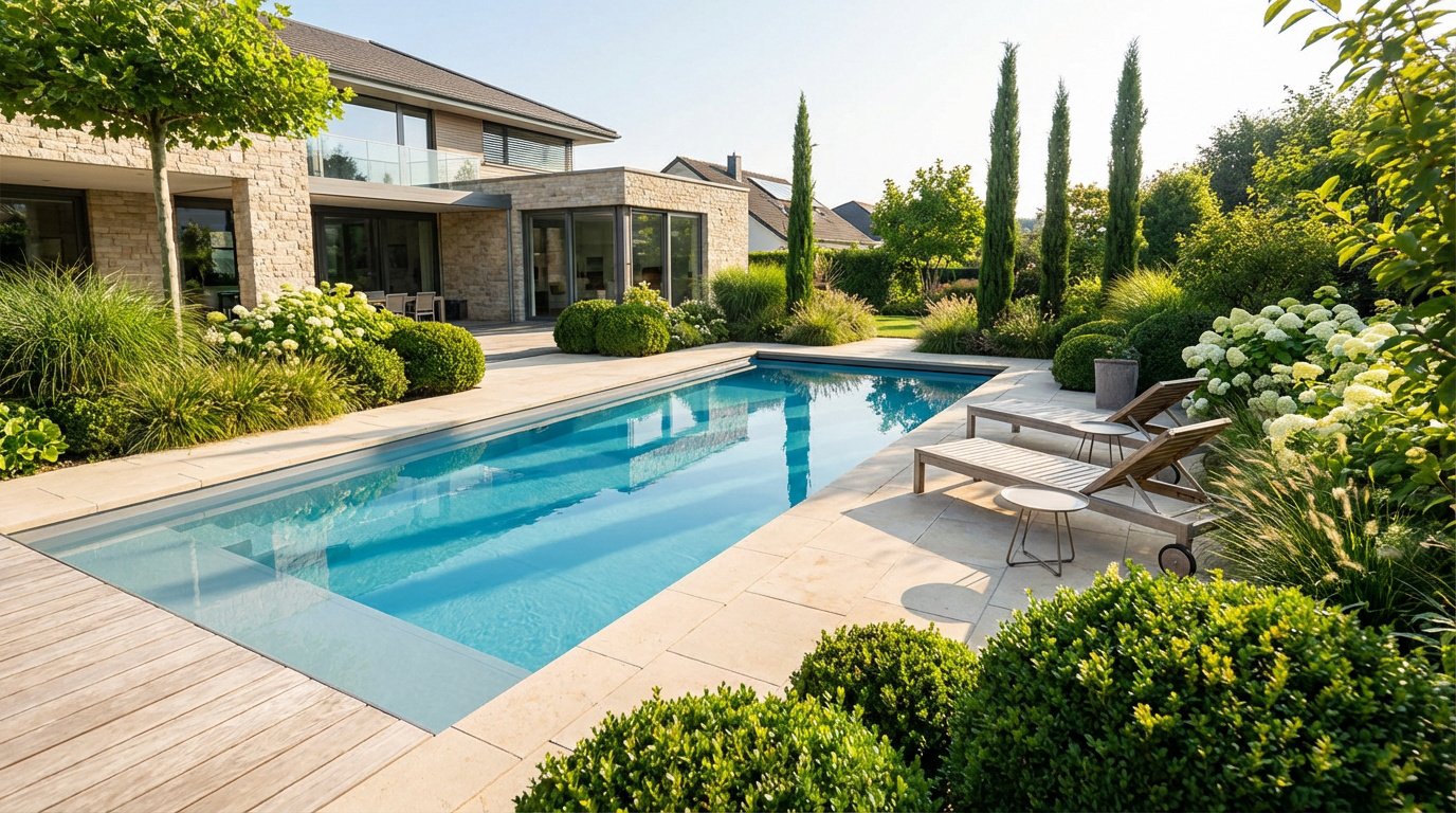 Piscine rectangulaire moderne avec margelles en pierre et plage en bois, entourée d'un jardin luxuriant devant une maison.
