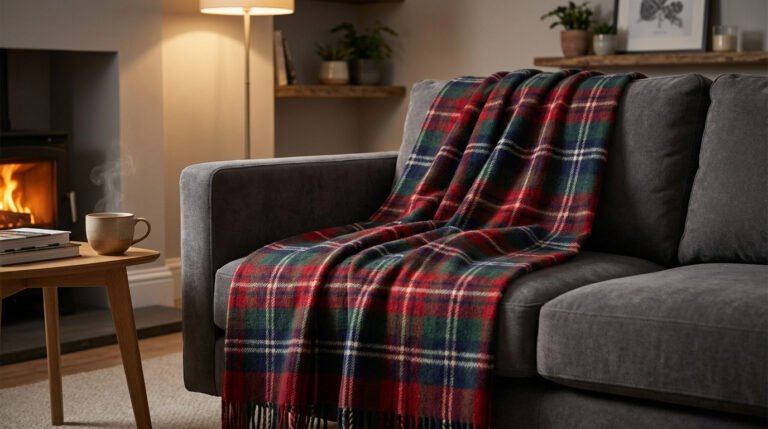Plaid tartan rouge, vert et bleu sur un canapé gris dans un salon confortable avec cheminée et tasse fumante.