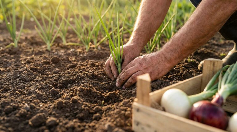Mains d'un jardinier plantant un jeune plant d'oignon vert dans la terre d'un potager. Des oignons sont dans une caisse.