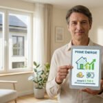 Homme souriant tenant une tablette affichant « Prime Énergie » et des icônes d'économie d'énergie. Maison avec panneaux solaires en arrière-plan.