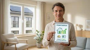 Homme souriant tenant une tablette affichant « Prime Énergie » et des icônes d'économie d'énergie. Maison avec panneaux solaires en arrière-plan.