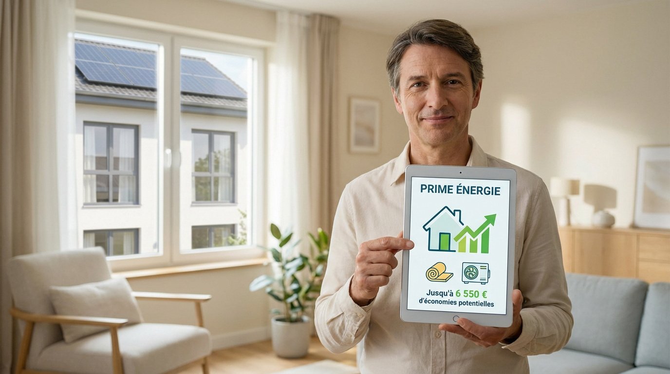 Homme souriant tenant une tablette affichant « Prime Énergie » et des icônes d'économie d'énergie. Maison avec panneaux solaires en arrière-plan.