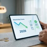 Personne utilisant une tablette affichant un graphique des coûts d'électricité en baisse pour 2026, avec des options d'économies via tarif fixe et énergie verte. Des pièces en euros sont sur la table.