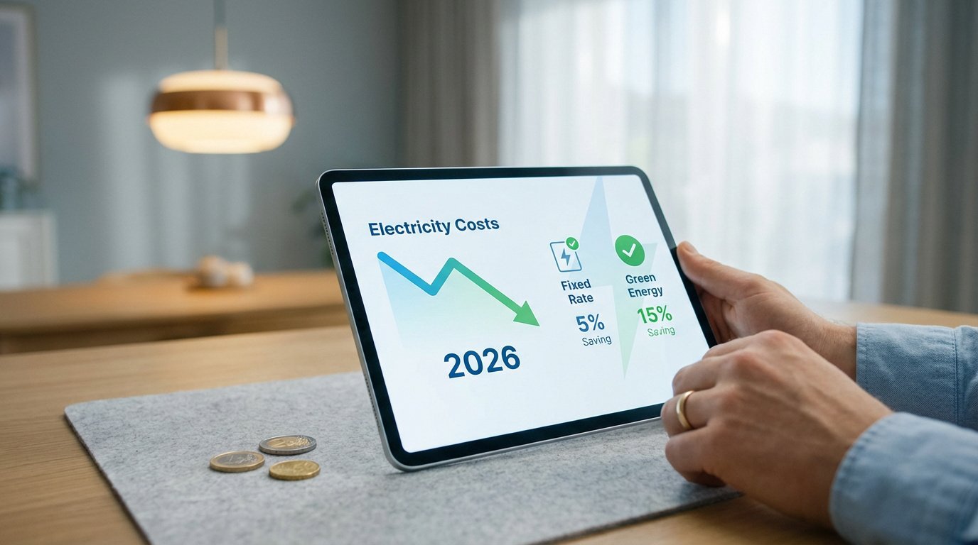 Personne utilisant une tablette affichant un graphique des coûts d'électricité en baisse pour 2026, avec des options d'économies via tarif fixe et énergie verte. Des pièces en euros sont sur la table.