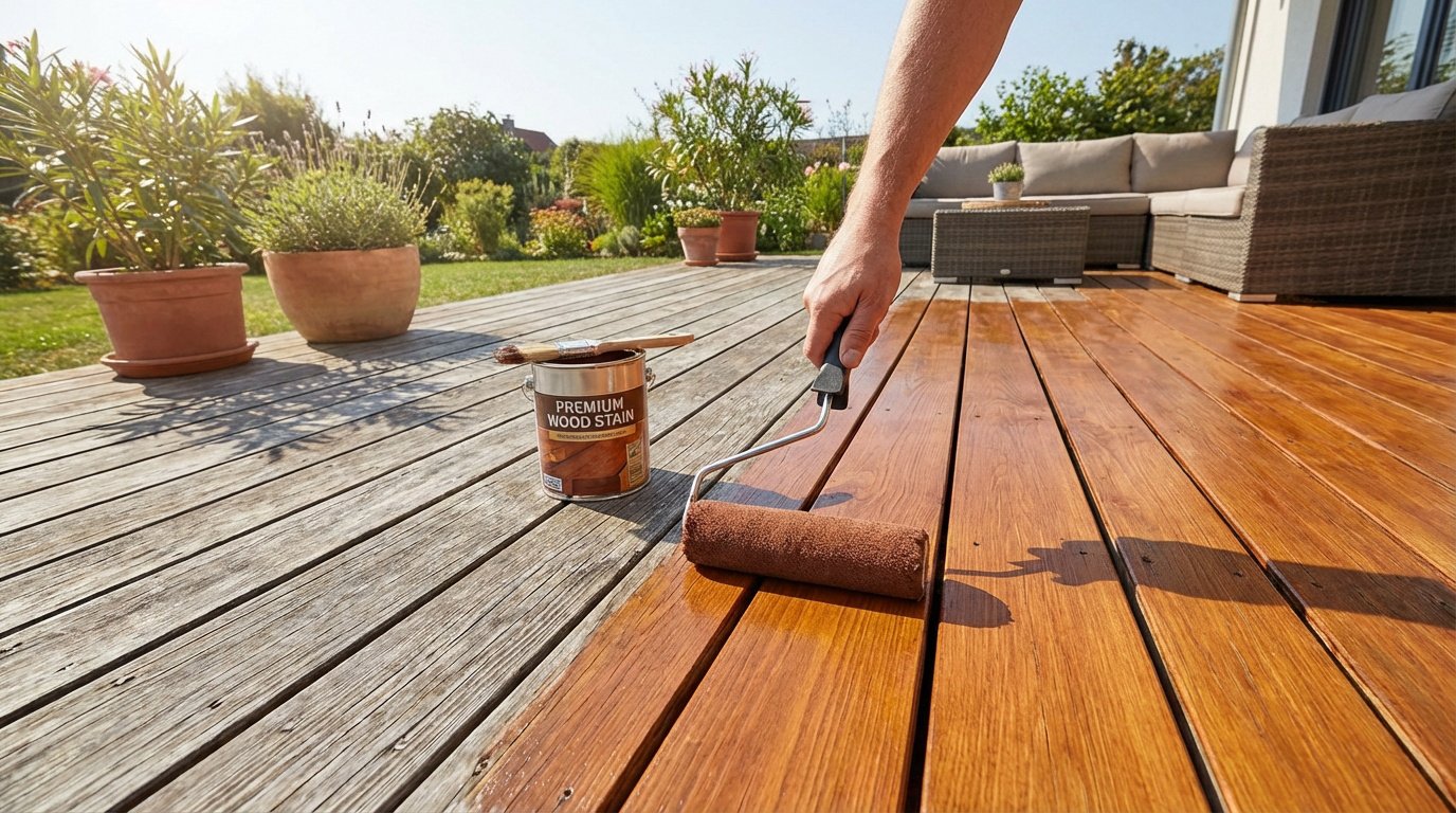 Une main applique de la teinture bois sur une terrasse, transformant le bois gris vieilli en une surface riche et brillante.