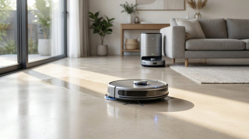 Robot aspirateur laveur argenté en train de nettoyer un sol clair dans un salon moderne et lumineux, près de sa station d'accueil.