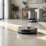 Robot aspirateur laveur argenté en train de nettoyer un sol clair dans un salon moderne et lumineux, près de sa station d'accueil.