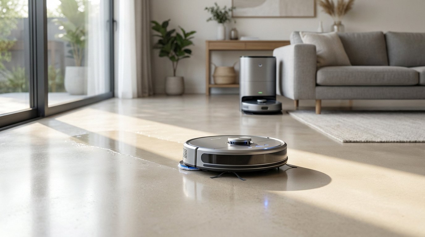 Robot aspirateur laveur argenté en train de nettoyer un sol clair dans un salon moderne et lumineux, près de sa station d'accueil.