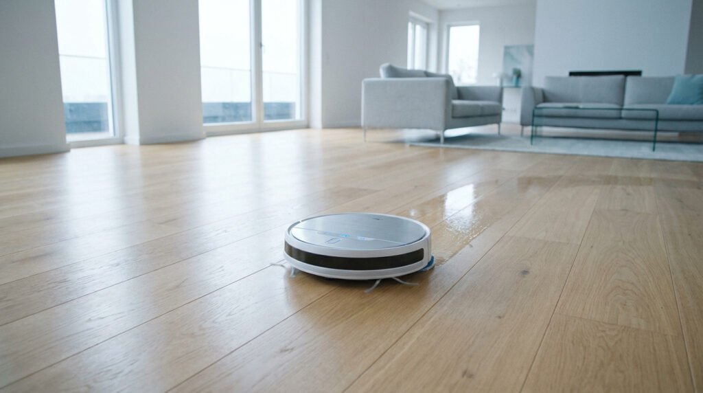 Aspirateur robot laveur gris et blanc nettoie un parquet clair, laissant une trace humide, dans un salon moderne et lumineux.