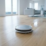 Aspirateur robot laveur gris et blanc nettoie un parquet clair, laissant une trace humide, dans un salon moderne et lumineux.