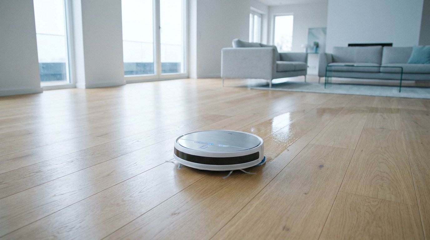 Aspirateur robot laveur gris et blanc nettoie un parquet clair, laissant une trace humide, dans un salon moderne et lumineux.