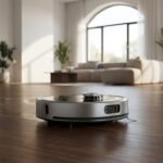 Aspirateur robot gris métallique sur un parquet en bois dans un grand salon moderne et lumineux.