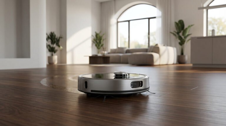 Aspirateur robot gris métallique sur un parquet en bois dans un grand salon moderne et lumineux.