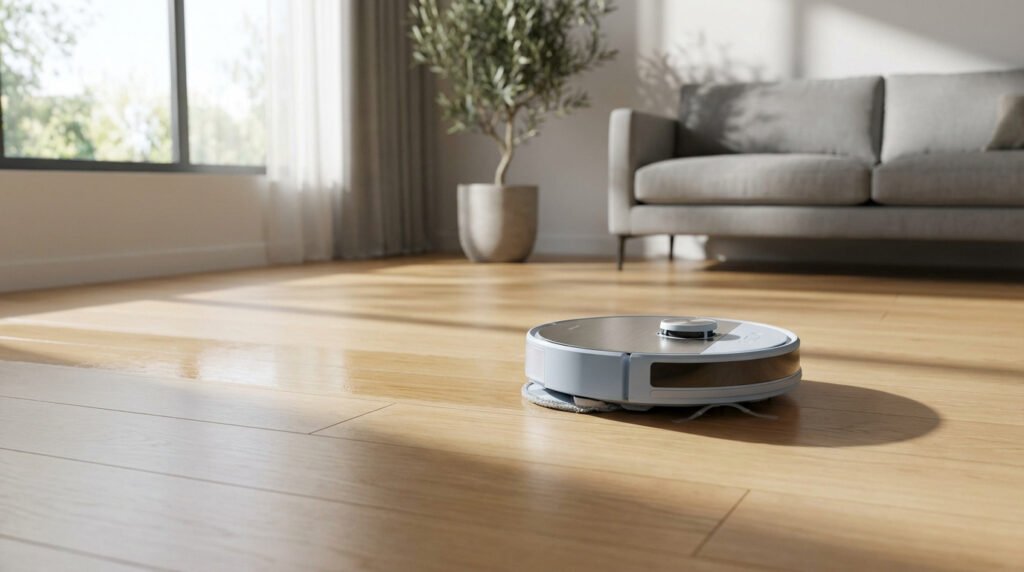 Un robot aspirateur laveur blanc et bois nettoie un sol en parquet clair dans un salon moderne. Lumière naturelle par la fenêtre.