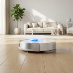 Un robot aspirateur laveur blanc et argenté sur un parquet en bois clair, laissant une trace humide dans un salon moderne et ensoleillé.