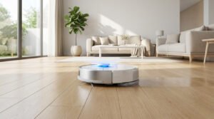 Un robot aspirateur laveur blanc et argenté sur un parquet en bois clair, laissant une trace humide dans un salon moderne et ensoleillé.