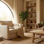 Salon moderne et lumineux aux tons neutres avec fauteuil, canapé, table basse en bois, nombreuses plantes et grande fenêtre arquée.