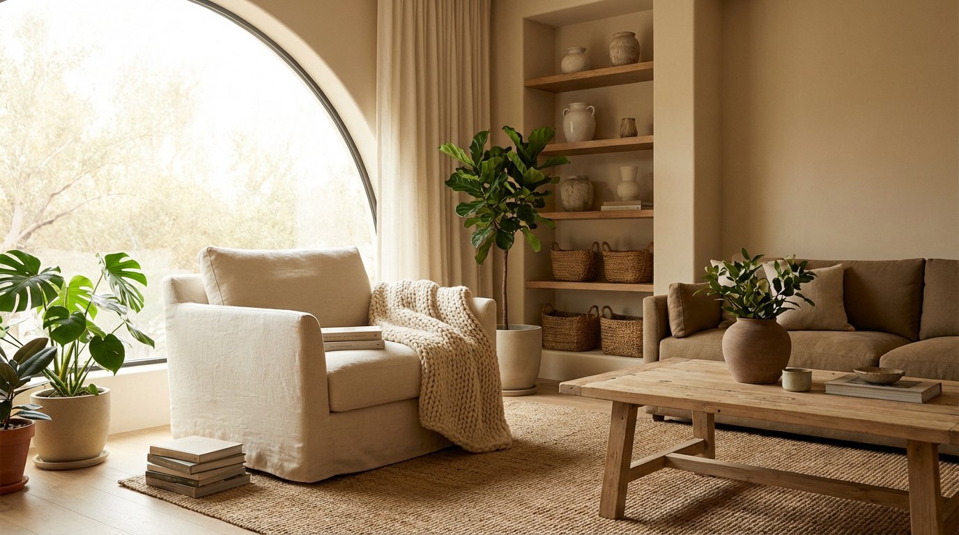 Salon moderne et lumineux aux tons neutres avec fauteuil, canapé, table basse en bois, nombreuses plantes et grande fenêtre arquée.