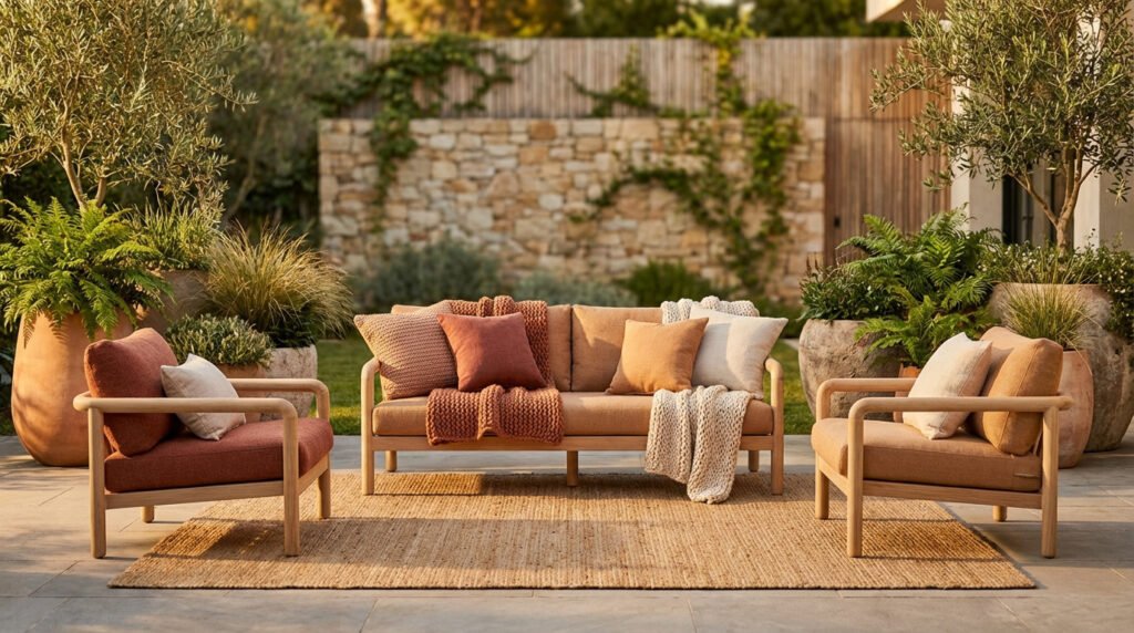 Salon de jardin organique avec canapé et deux fauteuils en bois clair, coussins et plaids aux tons terre. Tapis en jute, plantes en pot.