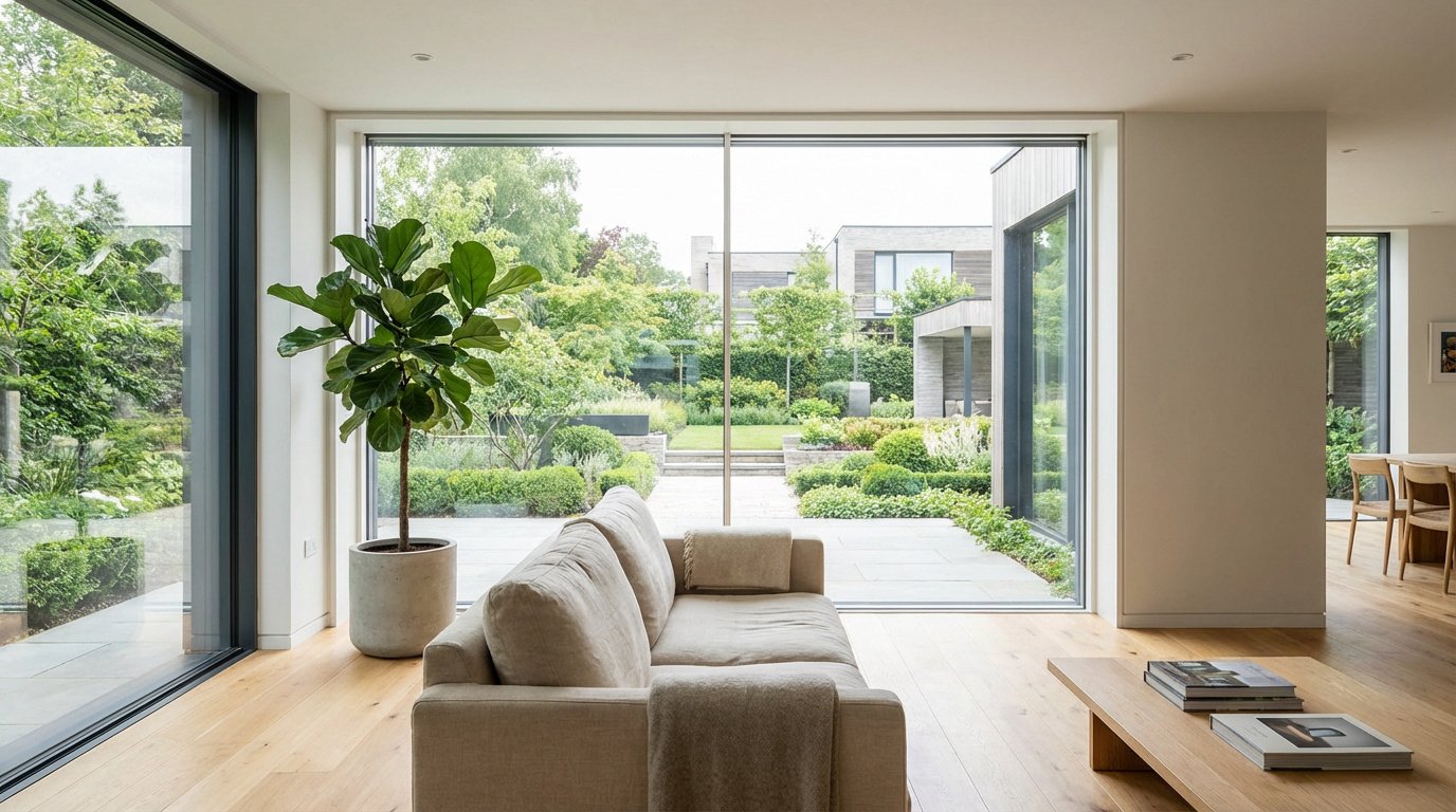 Salon moderne avec canapé beige, grande plante et larges baies vitrées s'ouvrant sur un jardin luxuriant et paysagé.