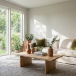 Salon moderne et lumineux avec canapé beige, coussins verts, table basse en bois, plantes et grande fenêtre sur jardin verdoyant.