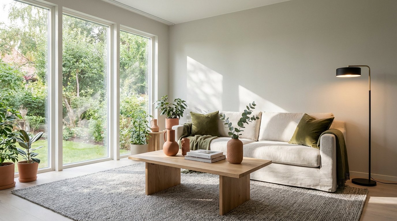 Salon moderne et lumineux avec canapé beige, coussins verts, table basse en bois, plantes et grande fenêtre sur jardin verdoyant.