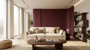 Salon moderne et lumineux aux textures naturelles: canapé crème, mur bordeaux, mobilier en bois, plantes, ambiance apaisante.