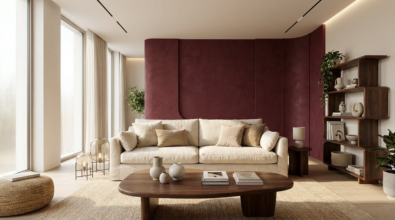 Salon moderne et lumineux aux textures naturelles: canapé crème, mur bordeaux, mobilier en bois, plantes, ambiance apaisante.