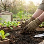 Mains gantées plantant un jeune plant de tomate dans un potager en carrés, avec radis, fraisiers et salades. Soleil doux.