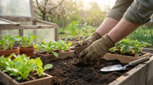 Mains gantées plantant un jeune plant de tomate dans un potager en carrés, avec radis, fraisiers et salades. Soleil doux.