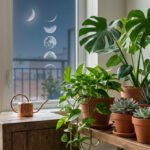 Assortiment de plantes vertes en pots sur une étagère près d'une fenêtre montrant les phases de la lune, avec un arrosoir.