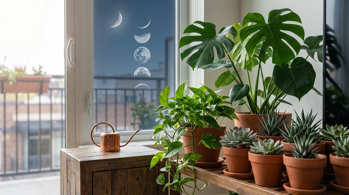 Assortiment de plantes vertes en pots sur une étagère près d'une fenêtre montrant les phases de la lune, avec un arrosoir.