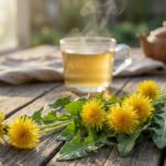 Pissenlits frais, tasse de thé chaud et théière sur table en bois rustique, sous le soleil.