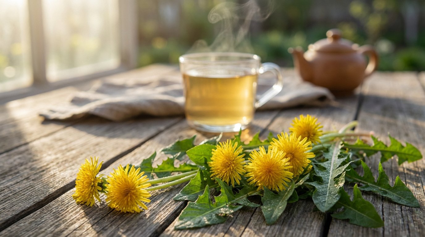 Pissenlits frais, tasse de thé chaud et théière sur table en bois rustique, sous le soleil.
