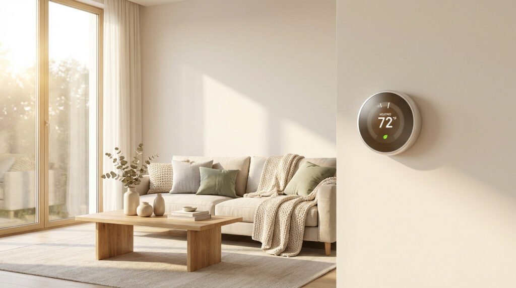Thermostat intelligent mural affichant 72°F dans un salon moderne et lumineux avec canapé beige.